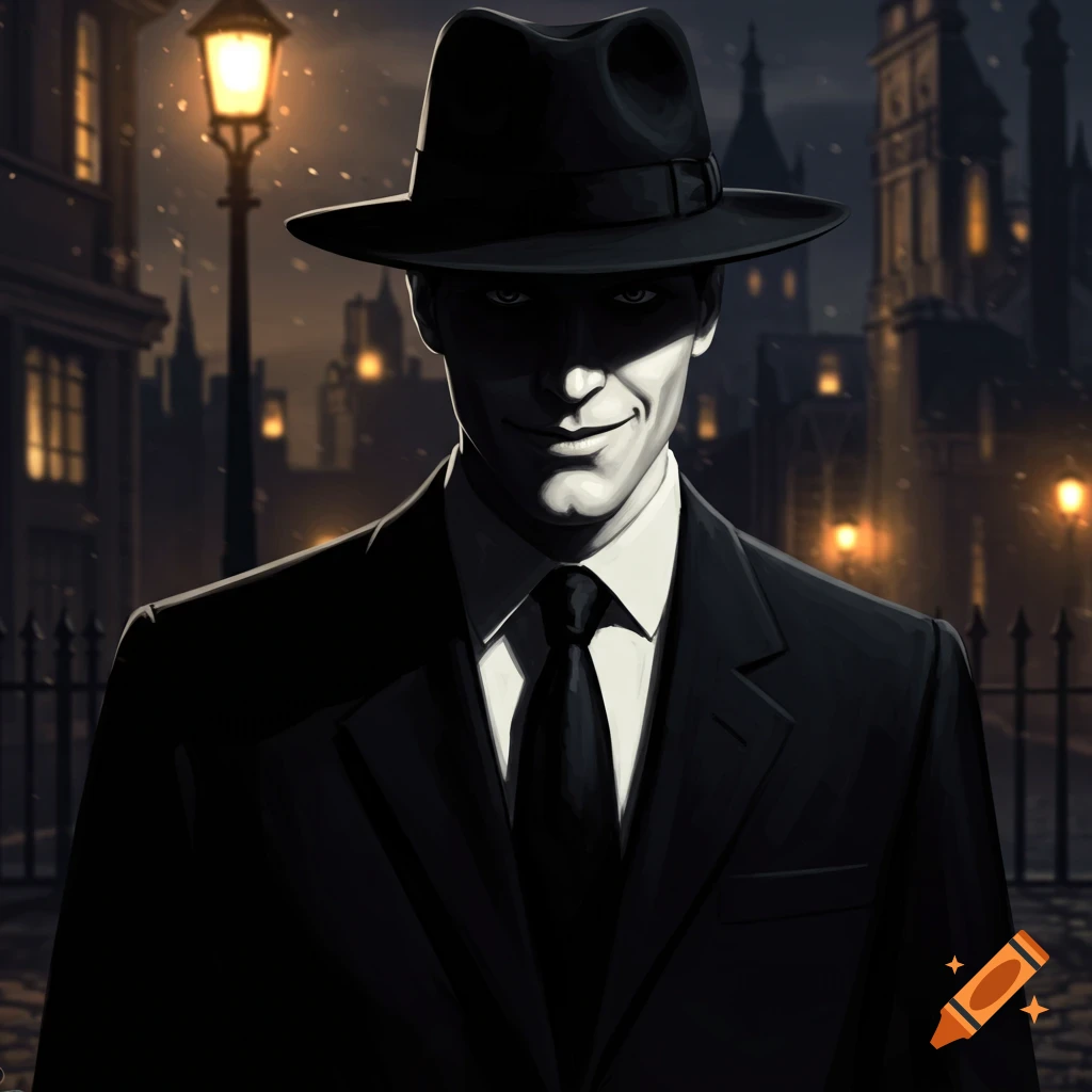 Stylized portrait of a man in a black suit and fedora, face shadowed, standing on a dark, lamp-lit street in a city.