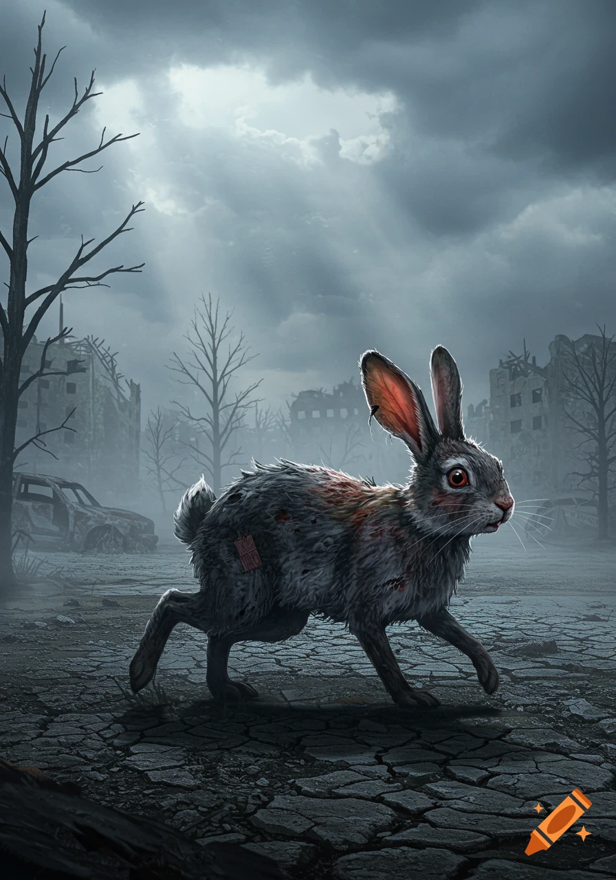 A tattered rabbit with red eyes walks through a ruined city under a dark, stormy sky in a post-apocalyptic illustration.