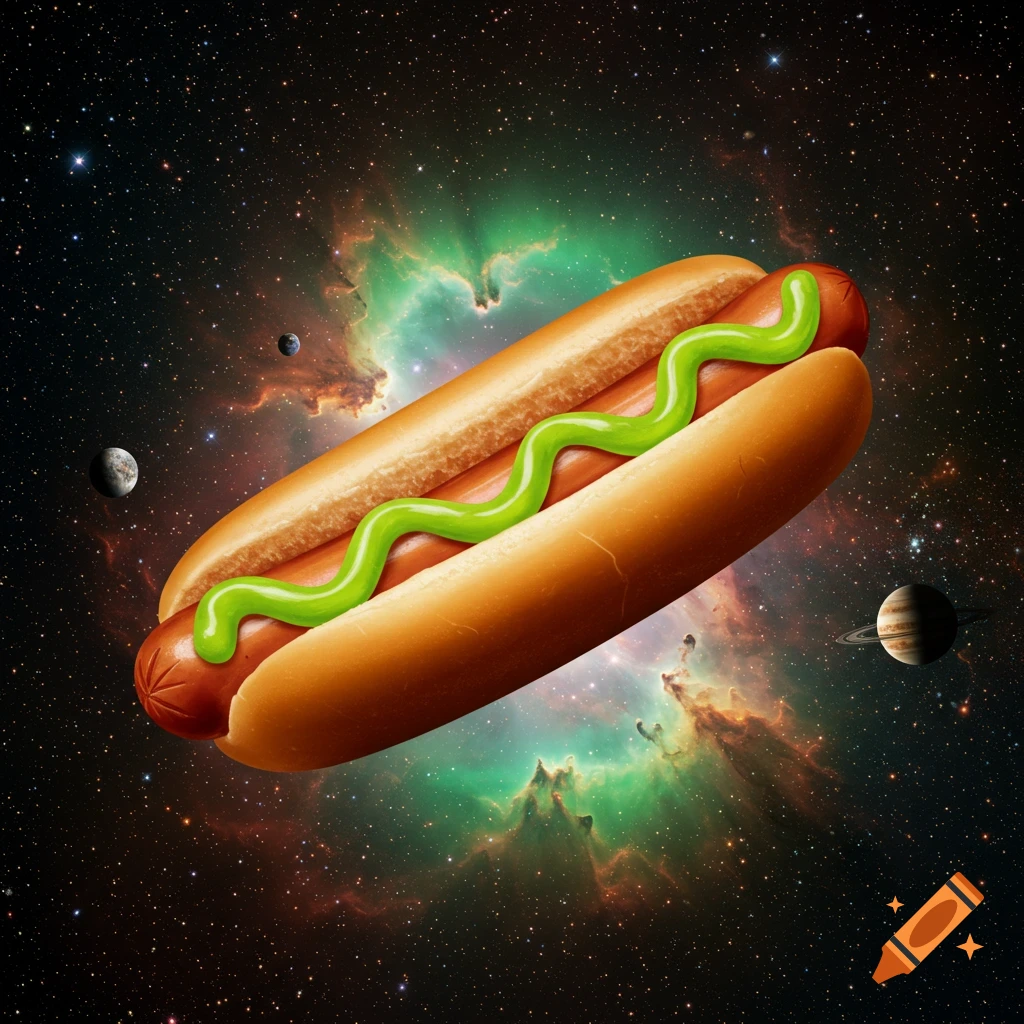 A hotdog with green relish floats in deep space amidst colorful nebulae and planets.