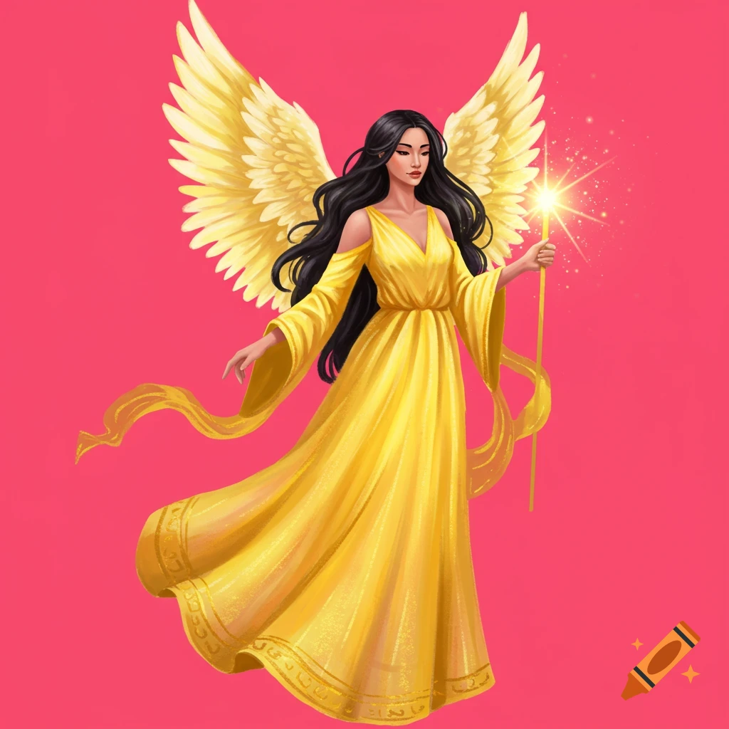 A stylized illustration of an angel in a yellow dress with long black hair holding a sparkling wand, against a bright pink background.