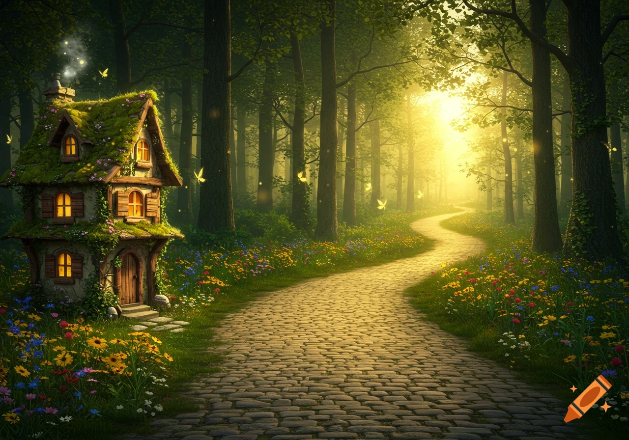 A whimsical moss-covered fairy house with glowing windows sits beside a winding cobblestone path through a sunlit, magical forest with butterflies.