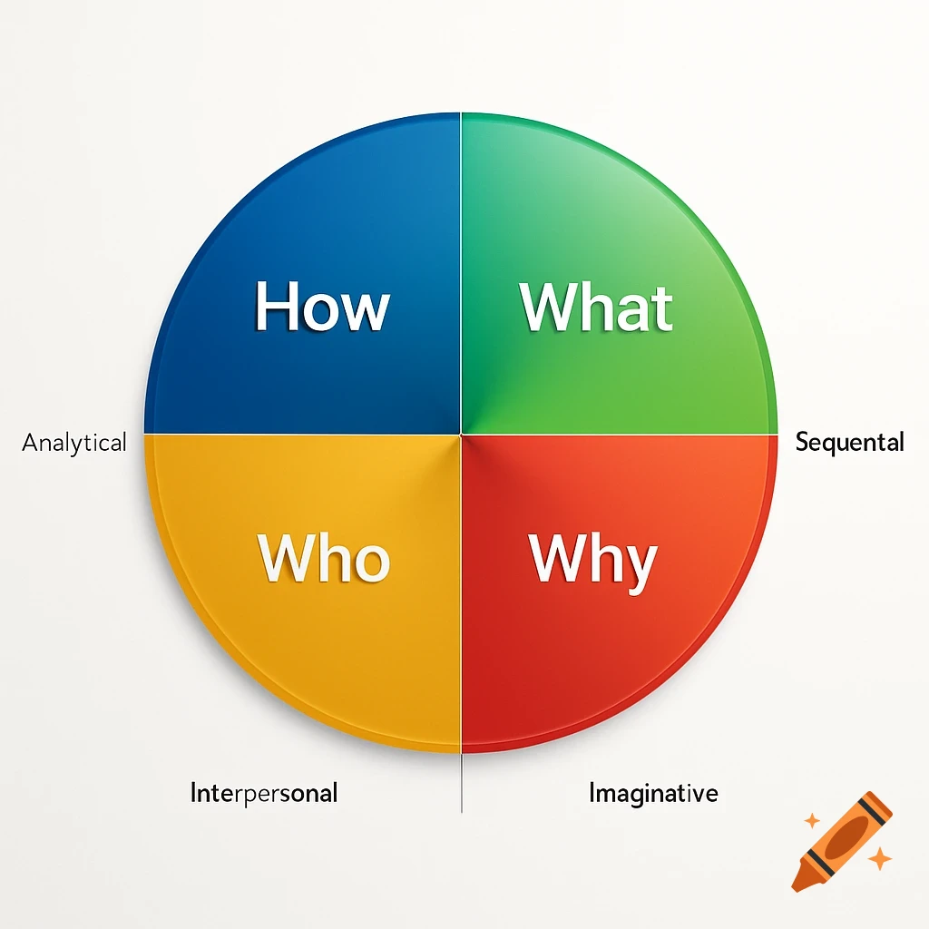 A colorful four-quadrant pie chart with sections labeled 'How', 'What', 'Who', 'Why', and outer labels 'Analytical', 'Sequential', 'Interpersonal', 'Imaginative'.