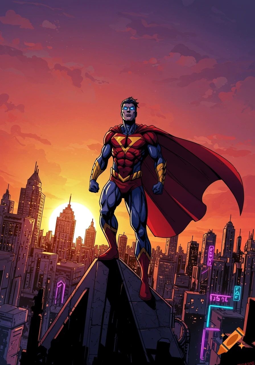 A powerful superhero with glowing eyes stands triumphantly on a rooftop, overlooking a city skyline at sunset in a vibrant comic book art style.