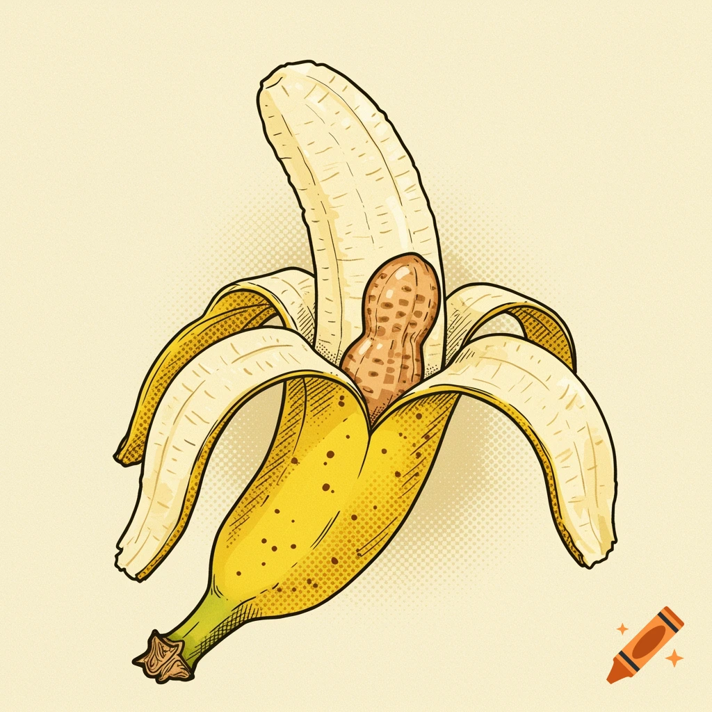 A half-peeled ripe banana with a peanut inside, depicted in a halftone sketch style.