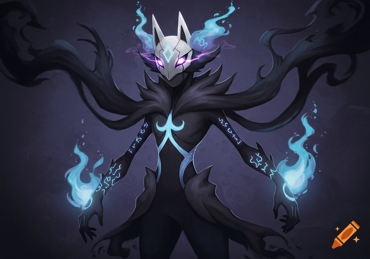 A sleek, masked creature with glowing purple eyes and blue flames emerging from its head and hands, against a dark background.