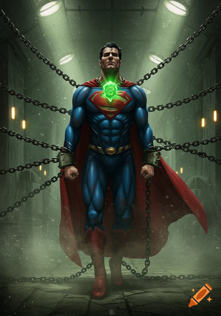 A muscular Superman stands chained in a dark, misty concrete room, with glowing green kryptonite around his neck, looking up.