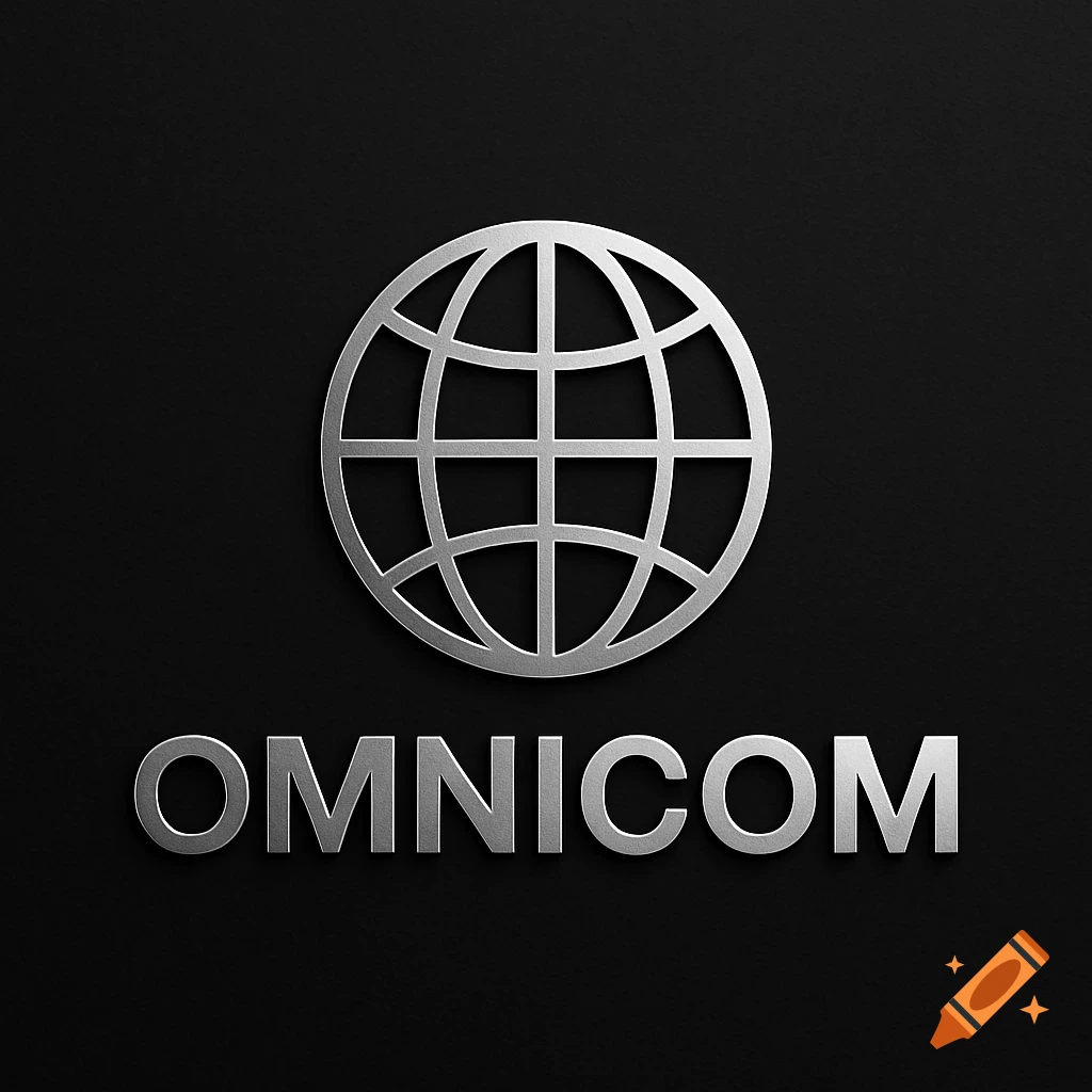 A silver metallic globe icon above the word OMNICOM on a dark textured background.