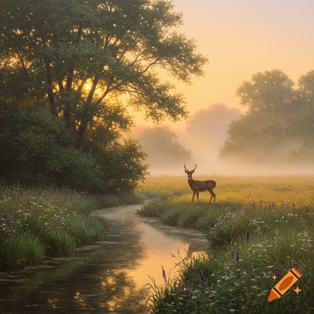 A majestic deer stands by a winding stream in a misty forest at sunrise.