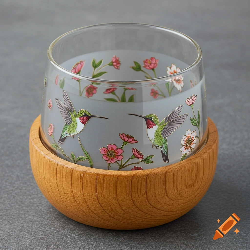 A clear glass cup with hummingbirds and pink flowers on a gray background, set into a natural wooden base.