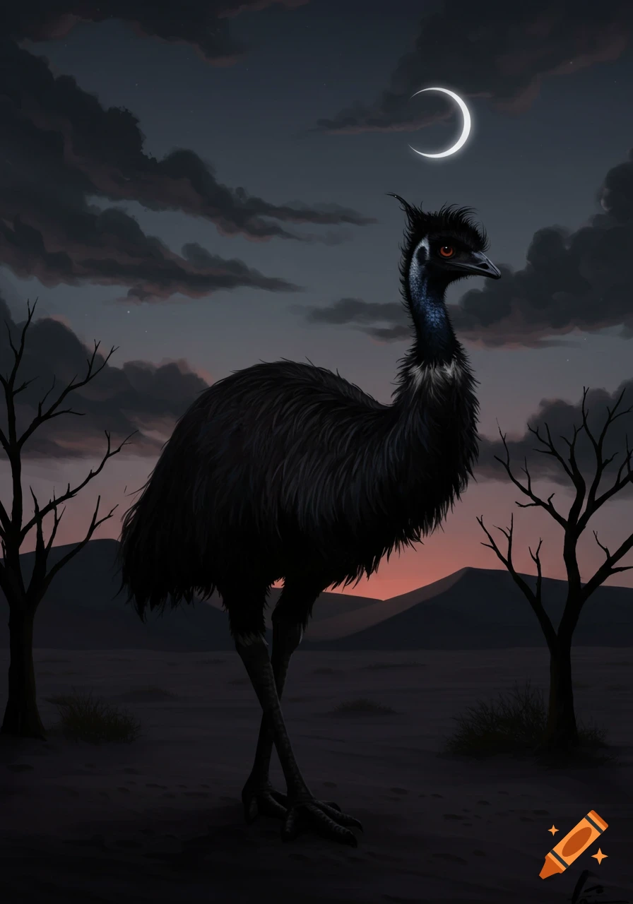 A stylized dark emu with a blue neck and red eyes stands in a desolate landscape at night under a crescent moon, with bare trees.