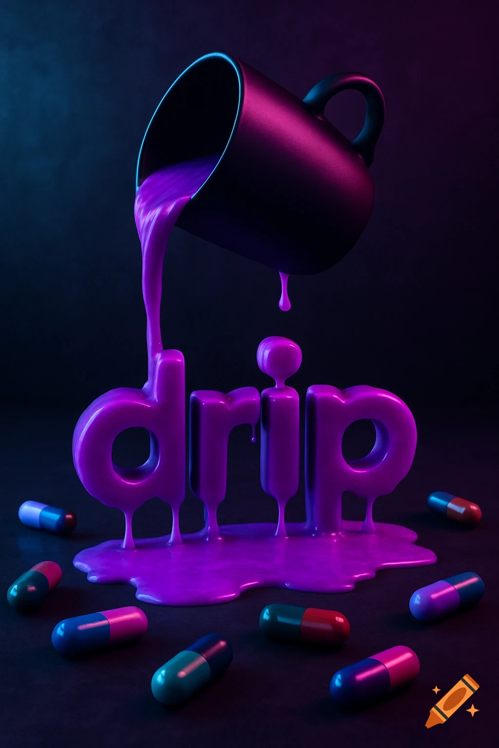 A 3D render of a black mug pouring glowing purple liquid onto the word 'drip,' with colorful pill capsules scattered nearby.