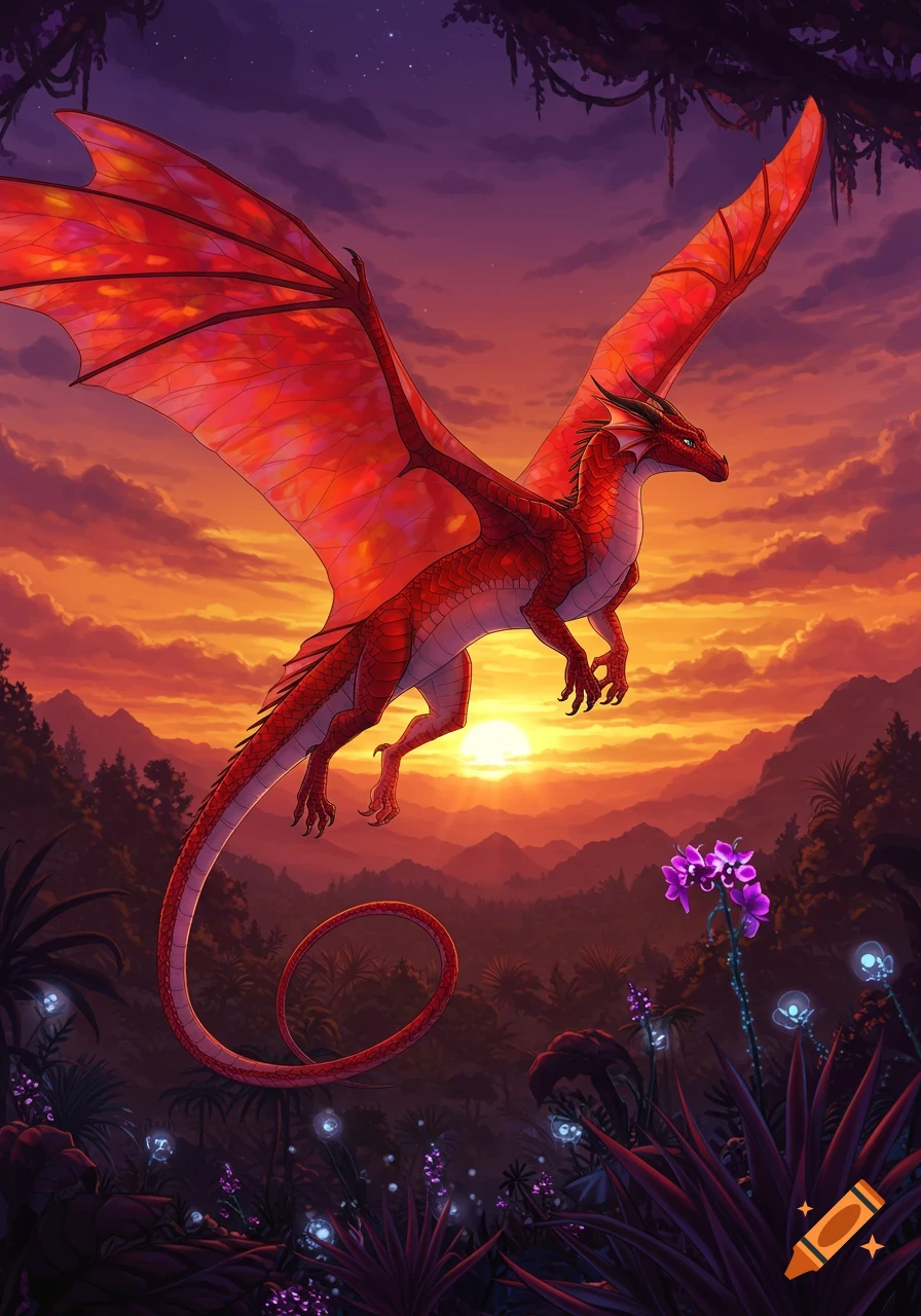 A vibrant red dragon with large, translucent wings soars over a lush jungle landscape at a vivid sunset.