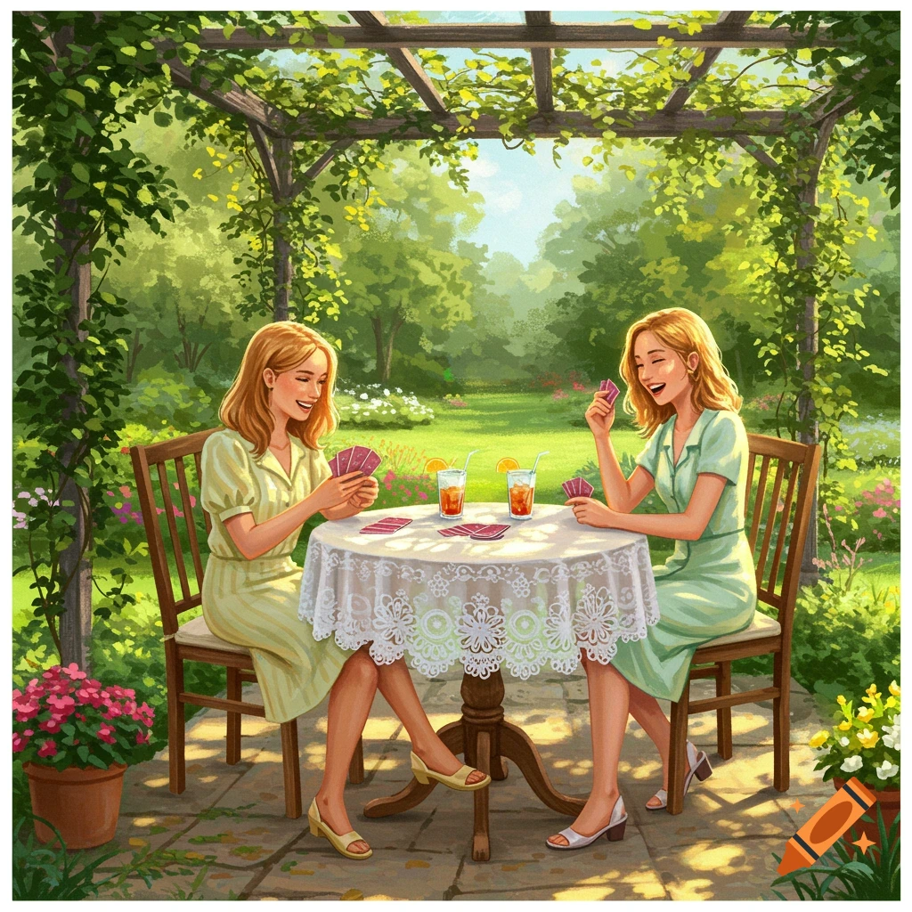 Two women playing cards at a table under a leafy pergola in a sunny garden, in an illustrated style.