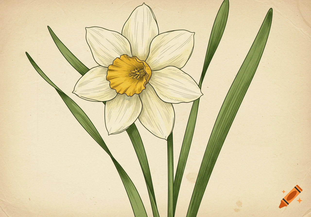 A vintage-inspired graphic illustration of a white narcissus flower with a yellow center and green leaves against a textured cream background.