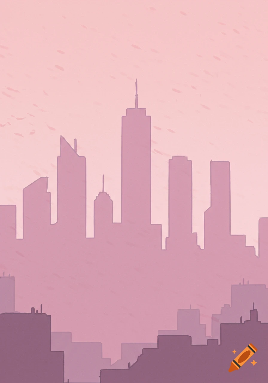 Abstract city skyline silhouette in shades of pink and lavender with a subtle textured look.