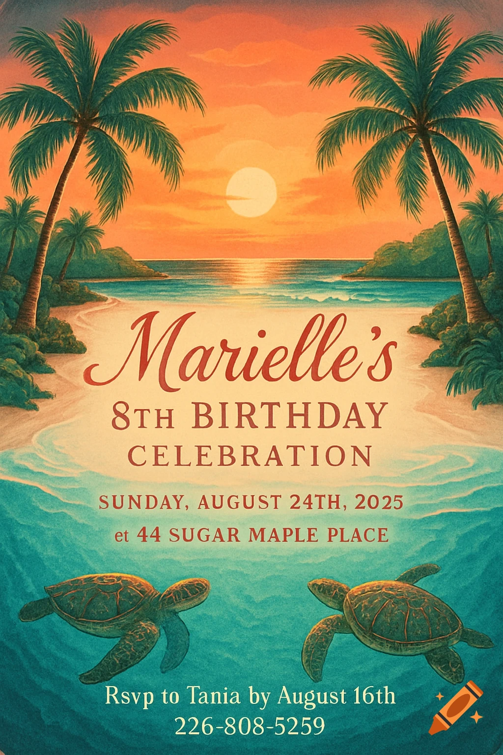 A vintage-style birthday invitation with a beach sunset, palm trees, and two sea turtles underwater. Text details an 8th birthday celebration.