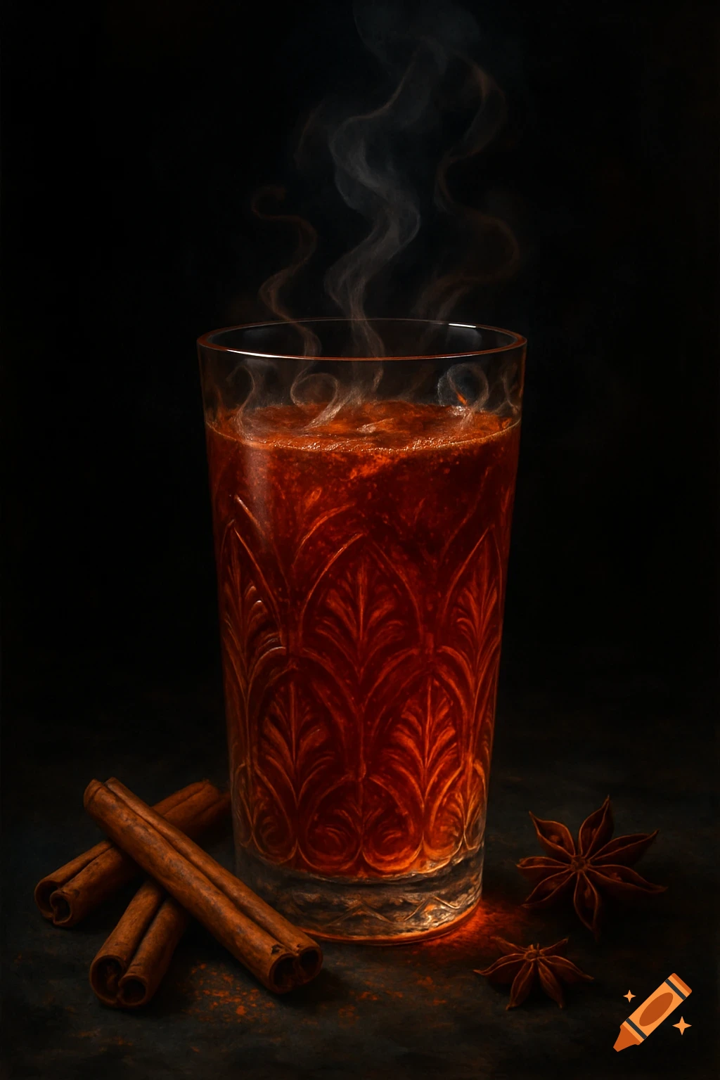 A steaming glass of reddish-brown liquid with cinnamon sticks and star anise on a dark background, photorealistic style.