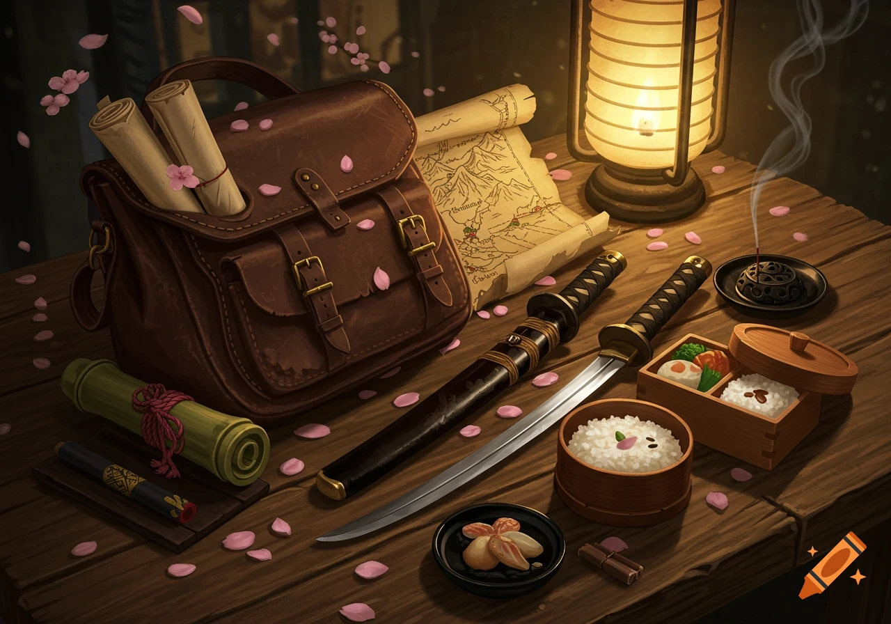 A still life of a samurai's desk with a leather bag, scrolls, a map, two katana swords, a lit lantern, and a bento box, surrounded by falling cherry blossoms.