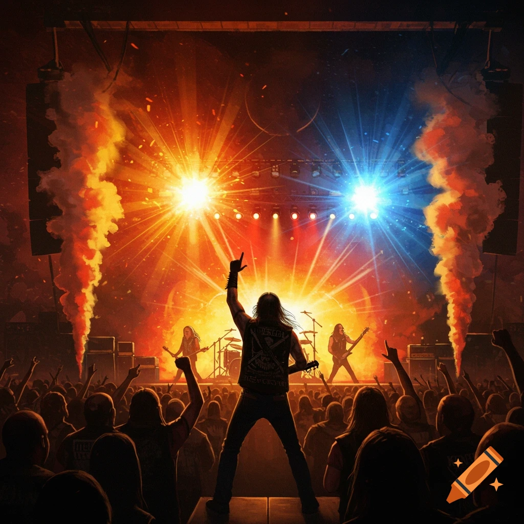 A silhouetted musician on stage raises their hand in the devil horns gesture, illuminated by bright orange and blue stage lights and pyrotechnics, facing a large, dark crowd at a concert.