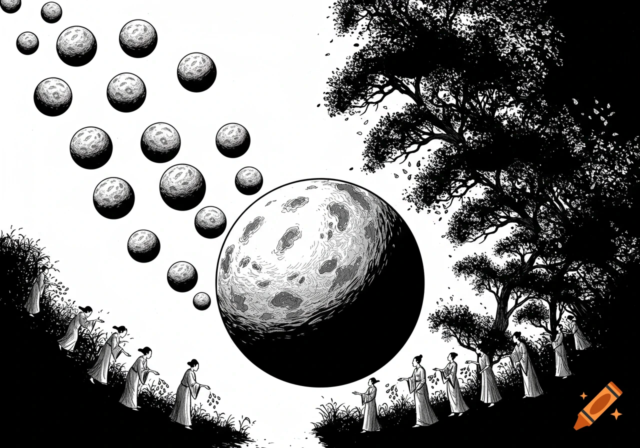 Black and white comic illustration of small spheres merging into a large moon, while women sow seeds that grow into a forest.
