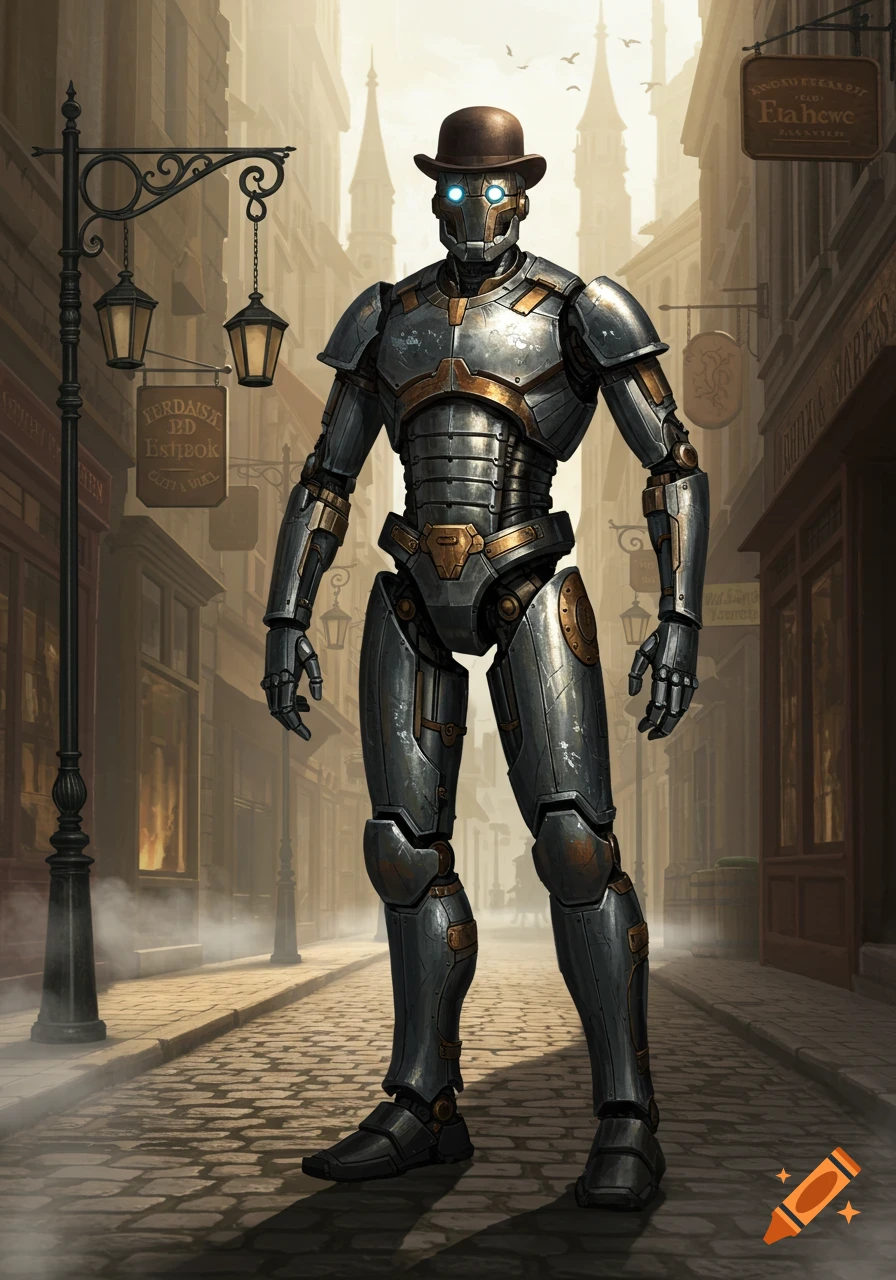 A detailed steampunk robot wearing a bowler hat stands on a cobblestone street in an old city.