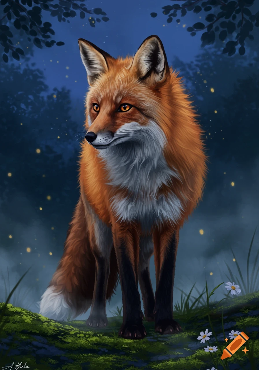 A digitally painted fox with orange and white fur stands in a dark, mystical forest at night, with glowing fireflies and white flowers.