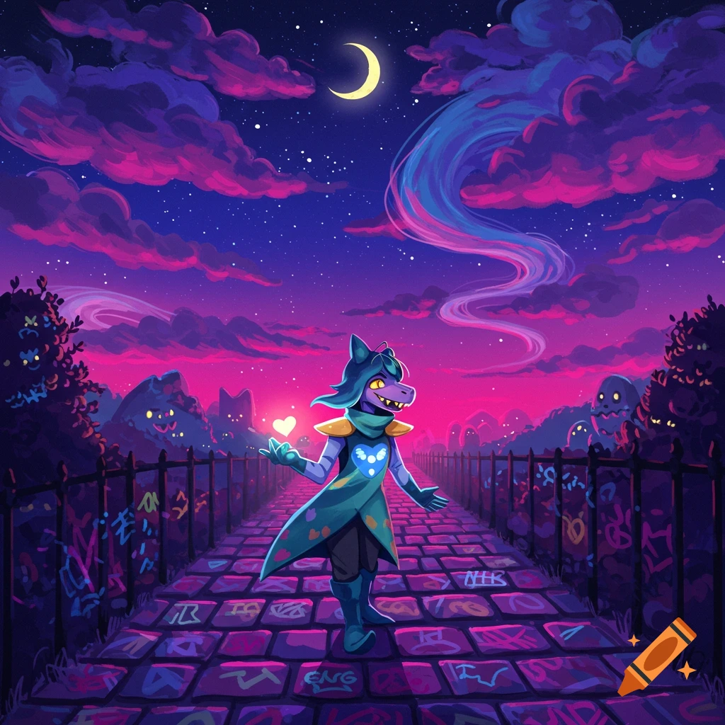 A dark blue anthropomorphic creature with purple stripes and a heart emblem stands on a graffiti-covered path under a crescent moon and vibrant pink and purple sky.