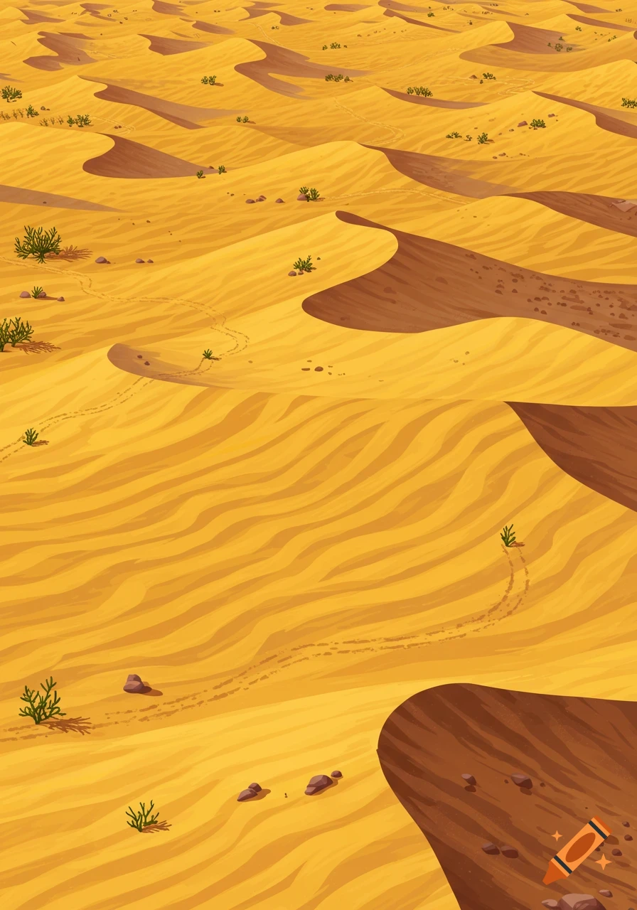 An overhead view of a vast desert landscape with numerous sand dunes, small plants, rocks, and winding tracks, in an illustrative game art style.
