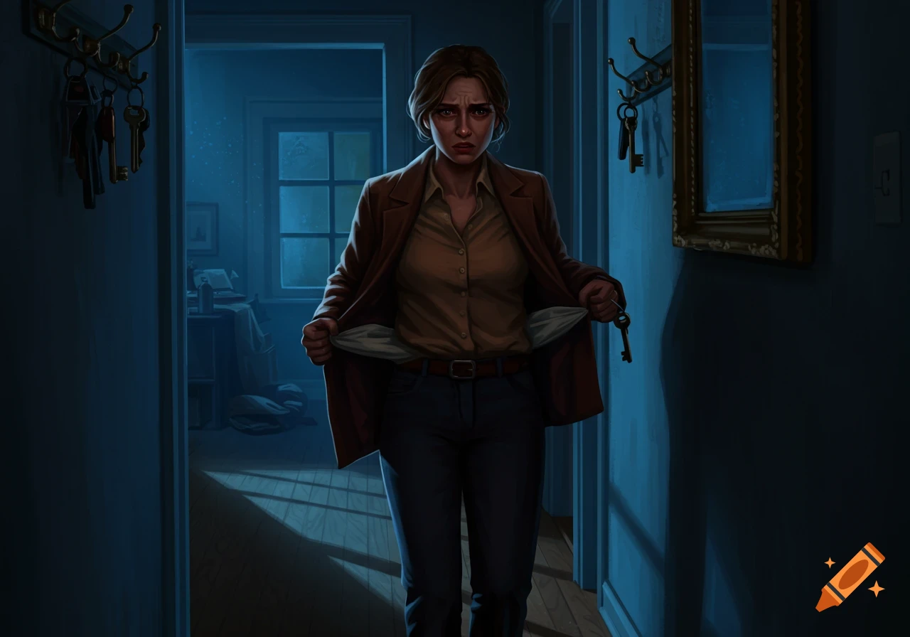 A frustrated woman in a dark hallway holds out her empty coat pockets, clutching a single key.