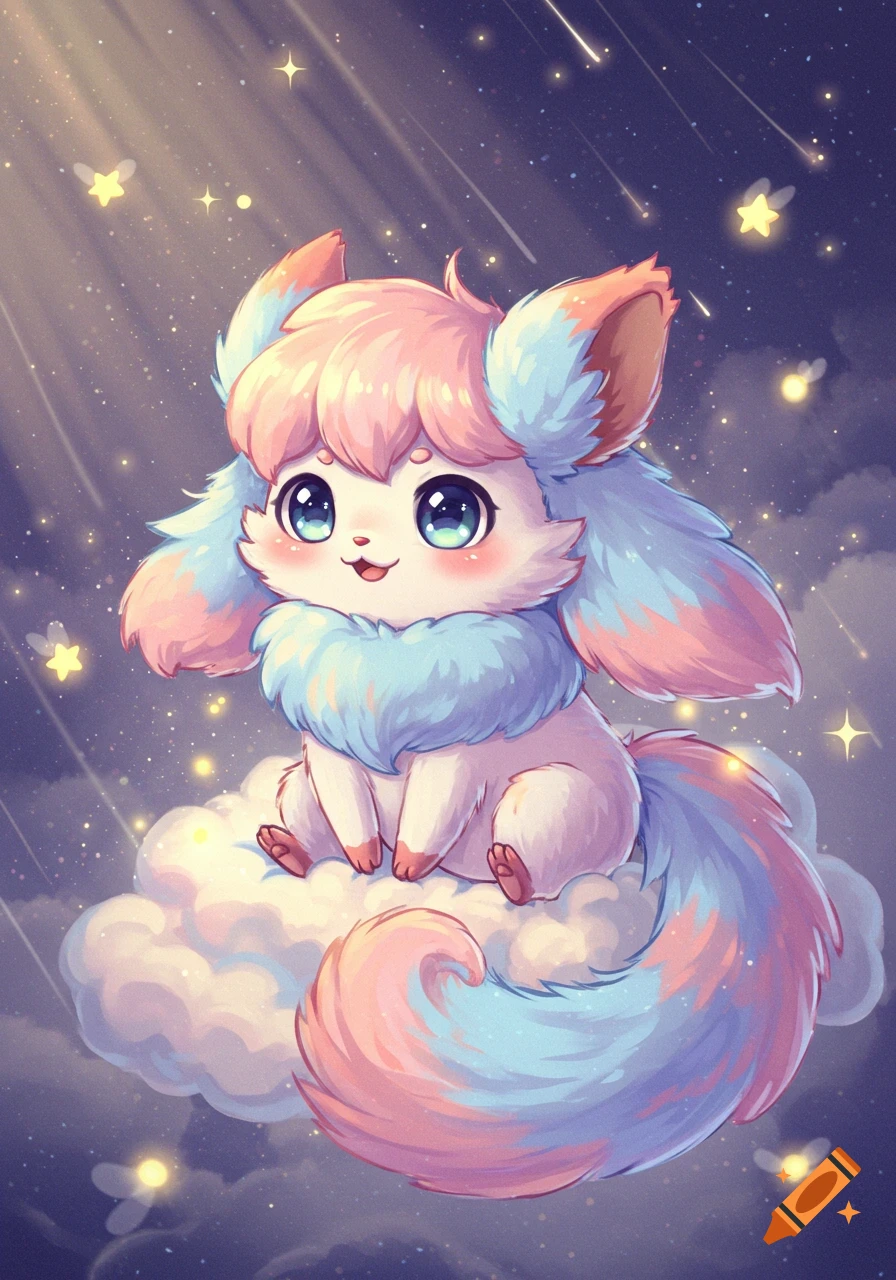 A cute, fluffy, pastel-colored creature with large blue eyes sits on a white cloud under a starry night sky with shooting stars in an anime style.