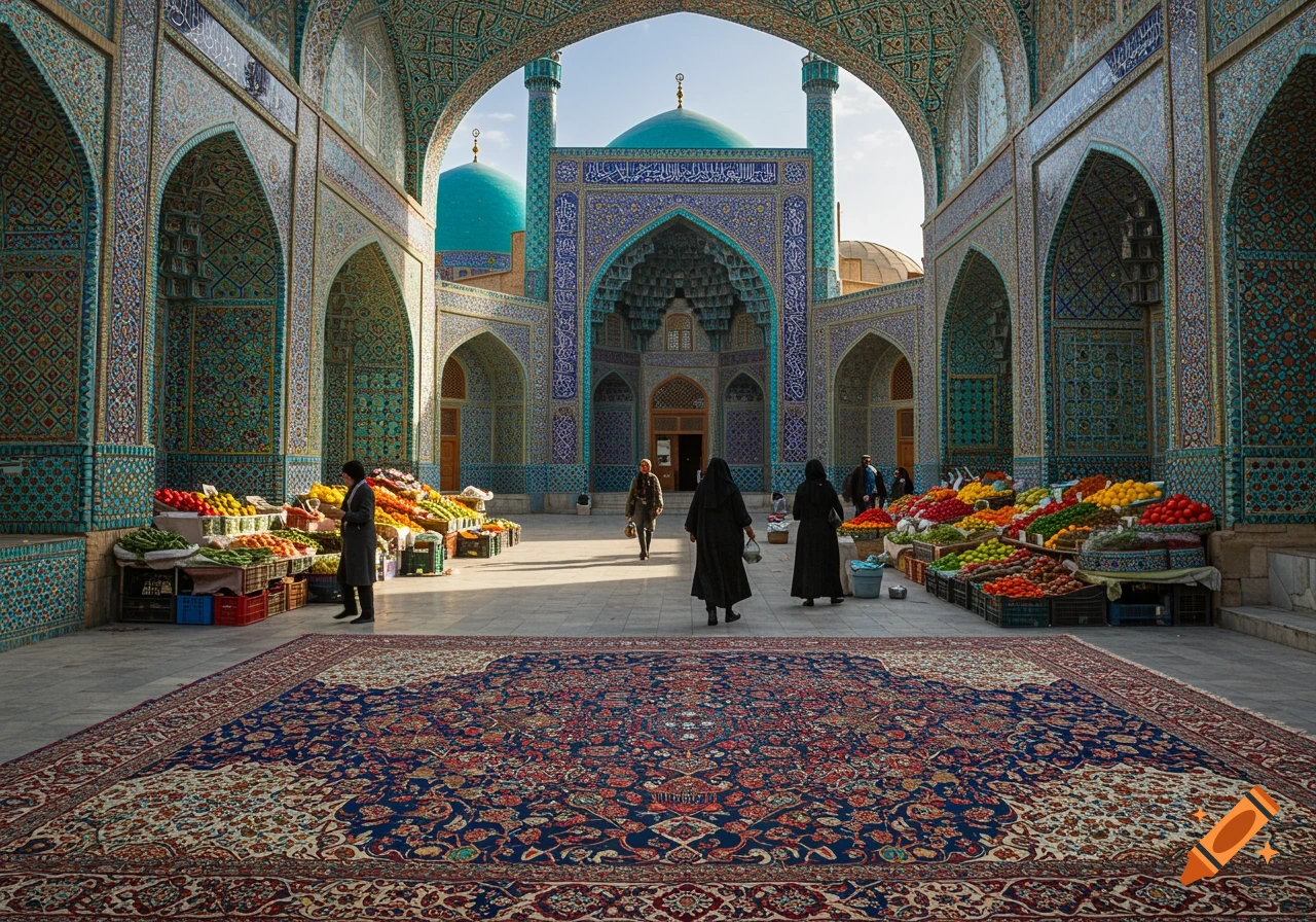 An ornate mosque courtyard with blue tiles, featuring fruit and vegetable market stalls, people, and a large patterned rug.