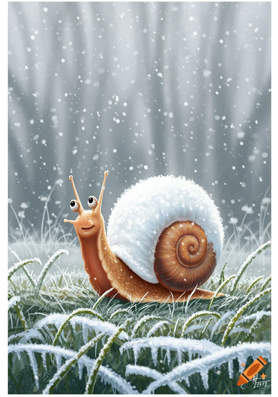 A cute cartoon snail with a snow-covered shell smiles in a snowy, grassy field with snowflakes falling.
