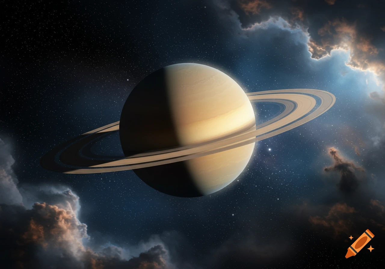 A photorealistic image of Saturn and its rings against a dark starry sky with luminous nebulae clouds.