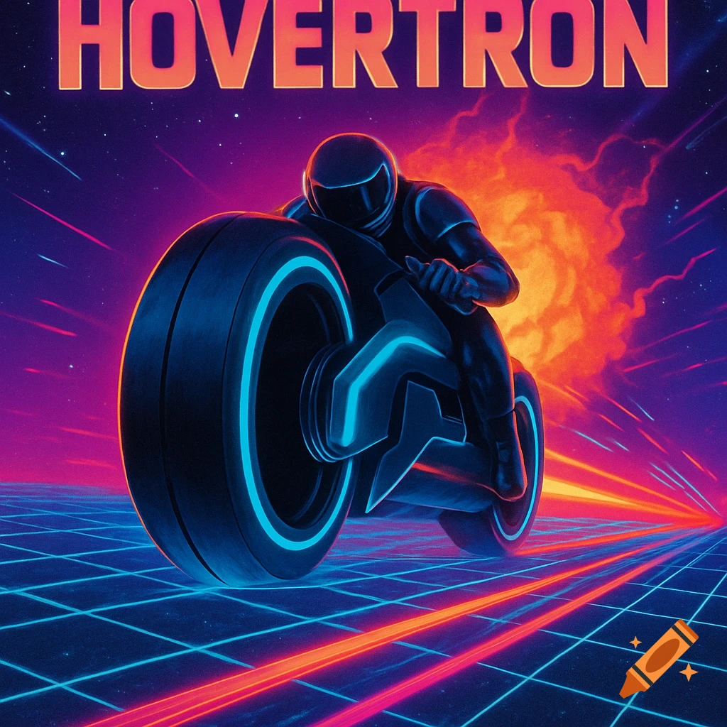 A futuristic person on a glowing blue light cycle speeds on a grid, with an explosion behind them, under "HOVERTRON" text.