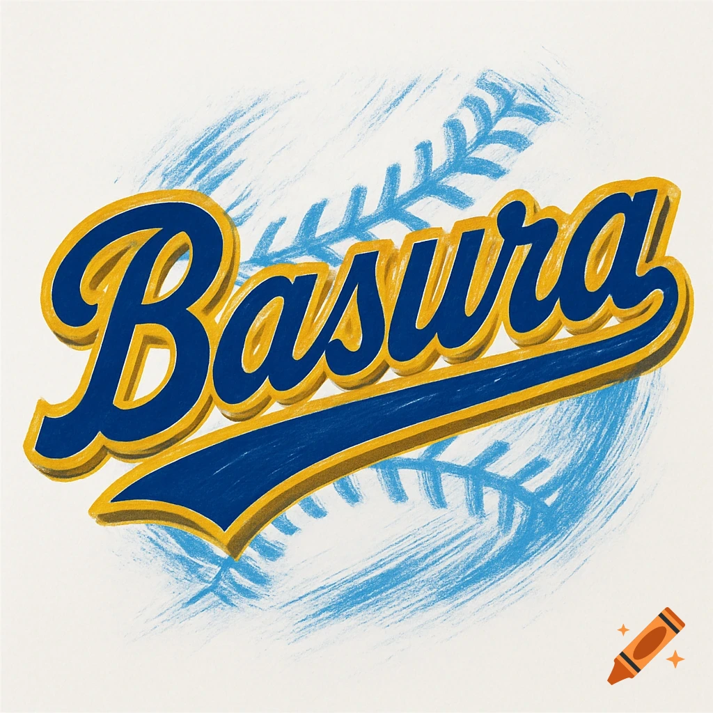 Stylized blue and gold text 'Basura' in a baseball script font over a light blue sketch of a baseball.