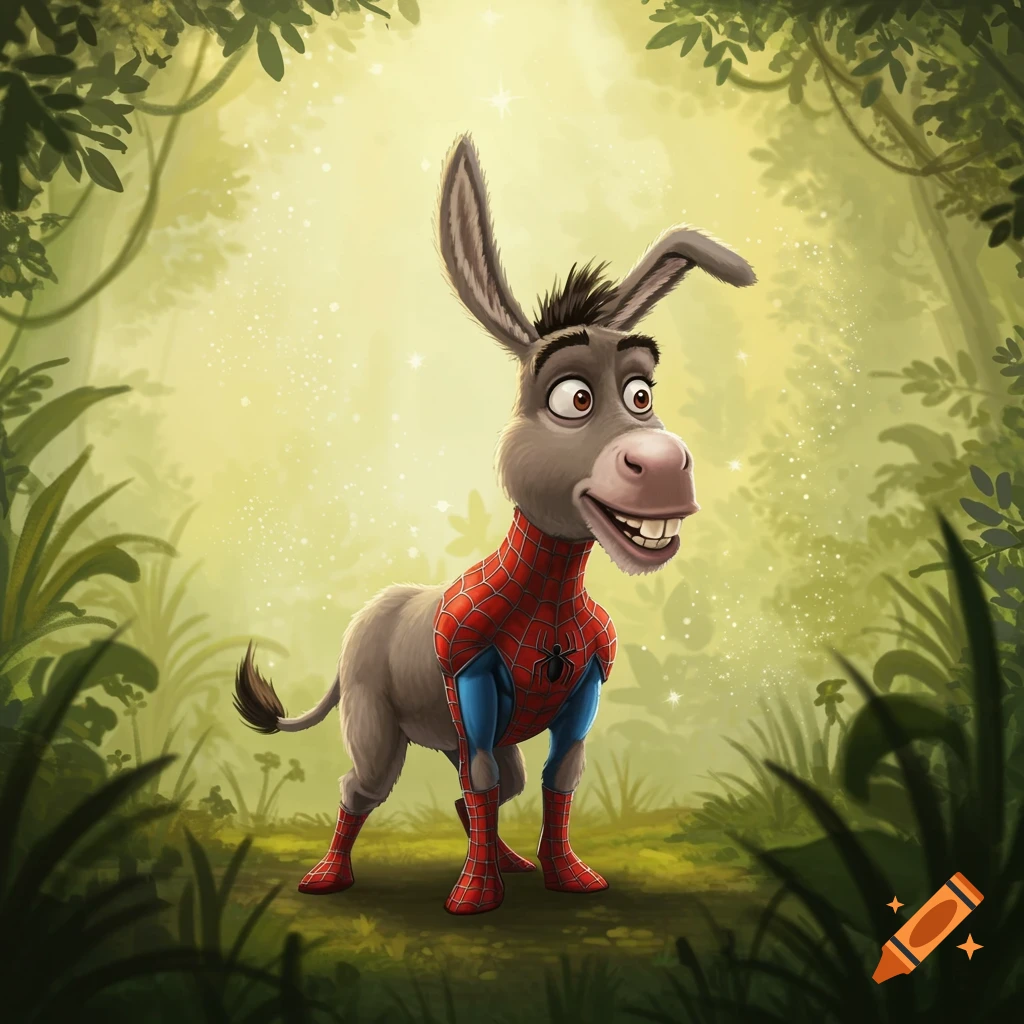 A cartoon donkey, resembling Donkey from Shrek, stands in a magical forest wearing a red and blue Spider-Man suit.