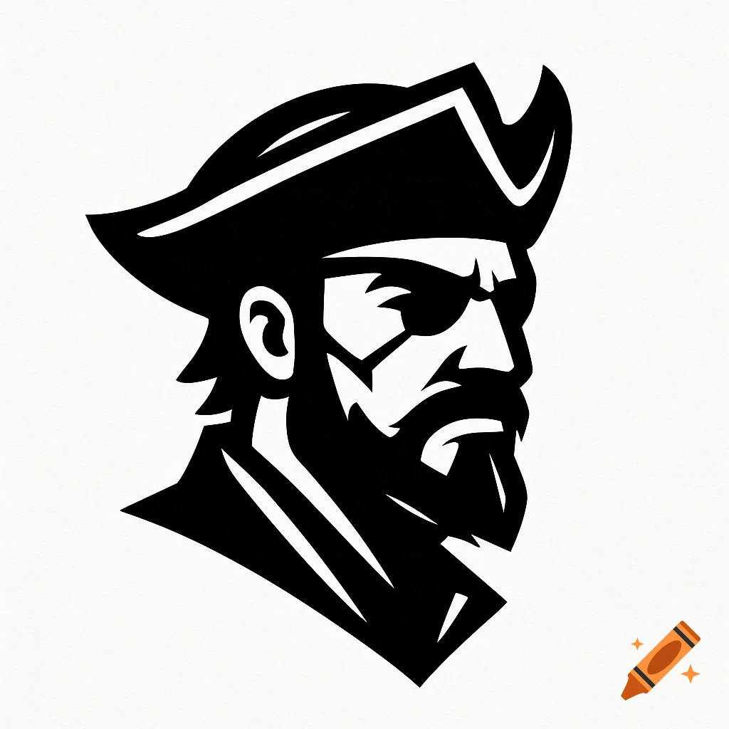 A black and white minimalist logo of a pirate's head, facing right, wearing a tricorn hat and an eye patch.