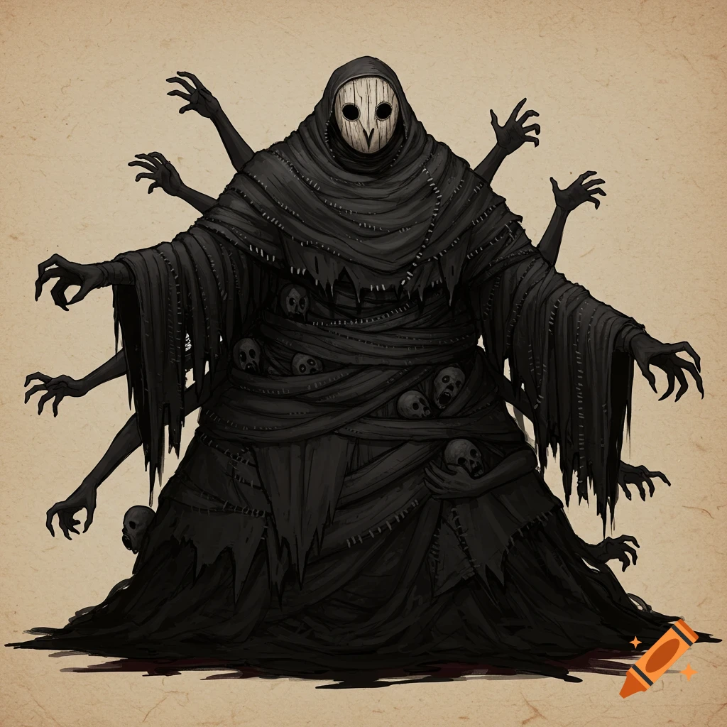 A dark, ominous monster figure in tattered black cloaks with a white barn owl mask and many reaching hands. Skulls are visible wrapped in its fabric, and faint maroon streaks are on the ground.