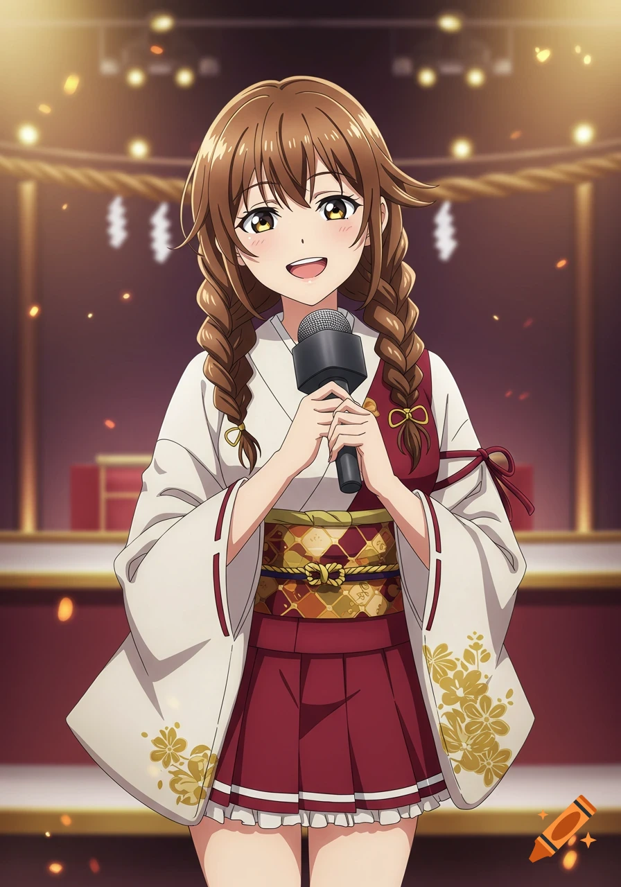 Anime girl with braided brown hair in a white and red miko outfit, smiling and holding a microphone on a stage.