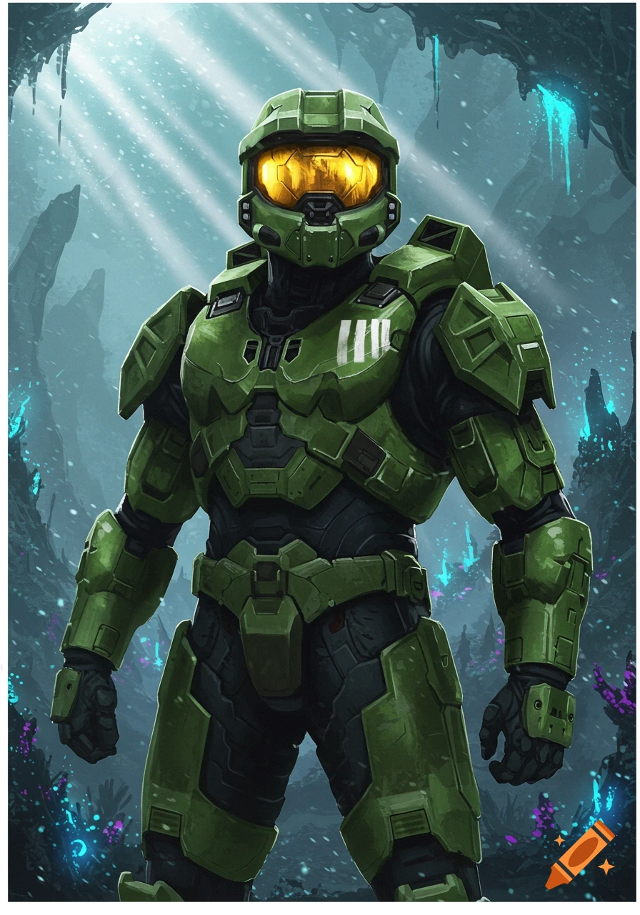 Master Chief in green armor stands in an icy cavern with glowing plants and light rays.