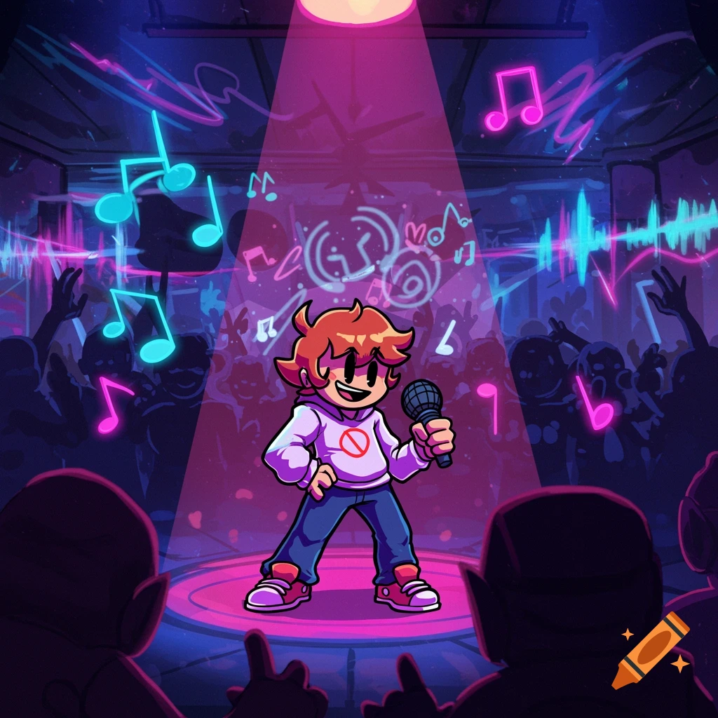 A cartoon male character, Boyfriend from Friday Night Funkin', sings into a microphone on a stage under a spotlight, surrounded by a silhouetted crowd and glowing musical notes.