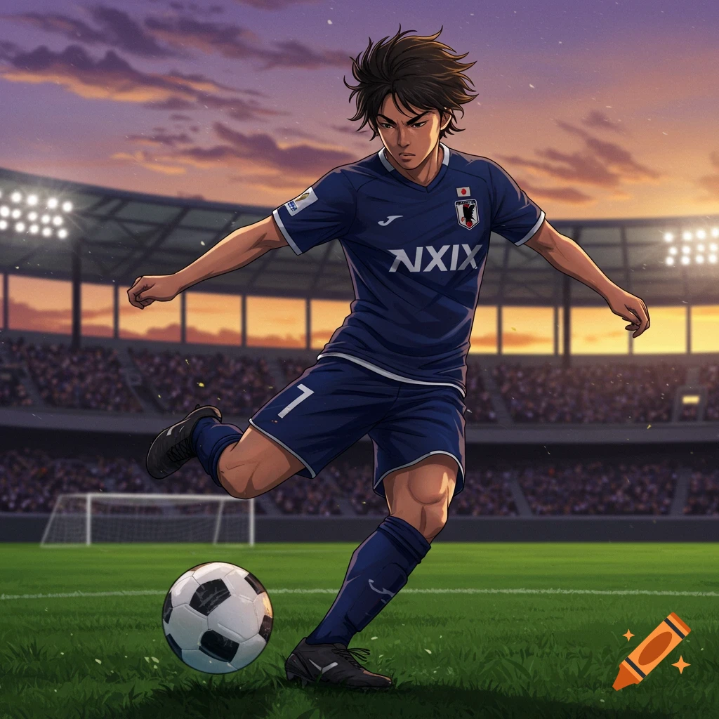 An anime-style male soccer player in a blue uniform with the number 7 kicks a ball on a stadium field at sunset.