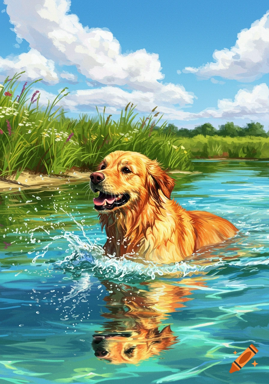 A golden retriever joyfully swims in a clear blue river, splashing water, with green banks under a sunny sky. Illustration.