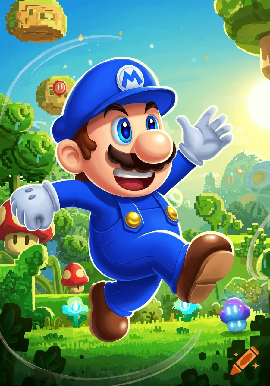 A blue Mario-like character, SMG4, runs through a vibrant, stylized video game landscape with pixelated elements and glowing mushrooms.