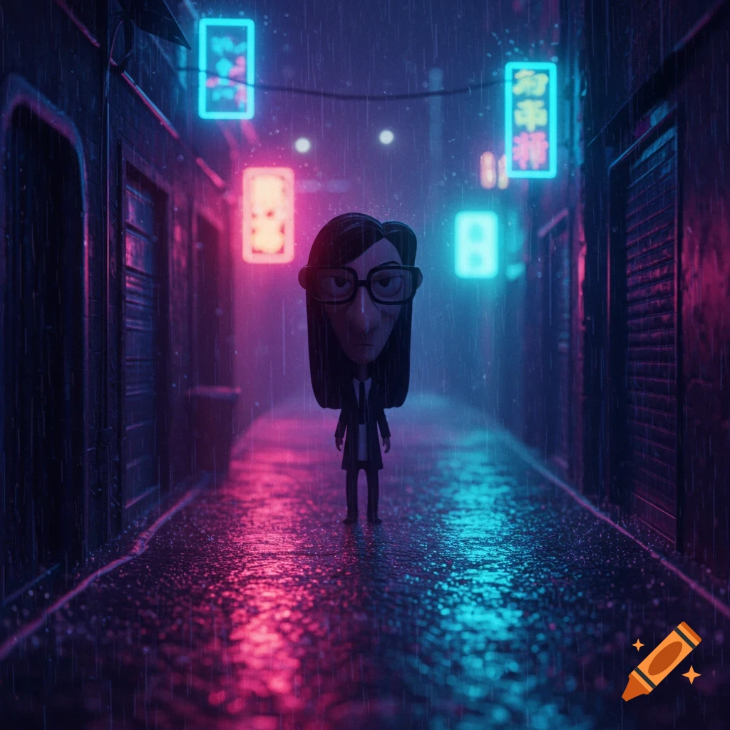 A stylized character with a large nose, glasses, and straight long hair stands in a rainy, neon-lit alley.