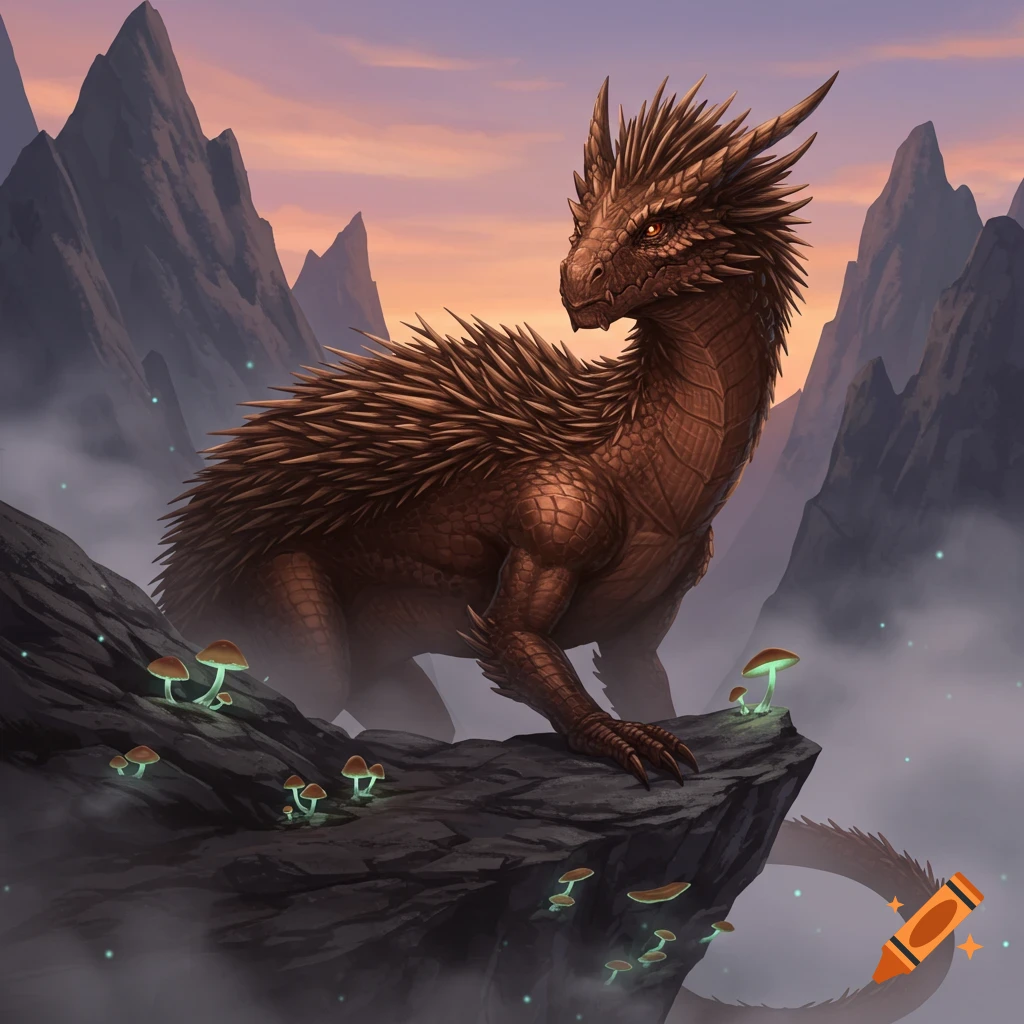 A brown, spiky dragon stands on a misty mountain cliff with glowing mushrooms under a sunset sky.