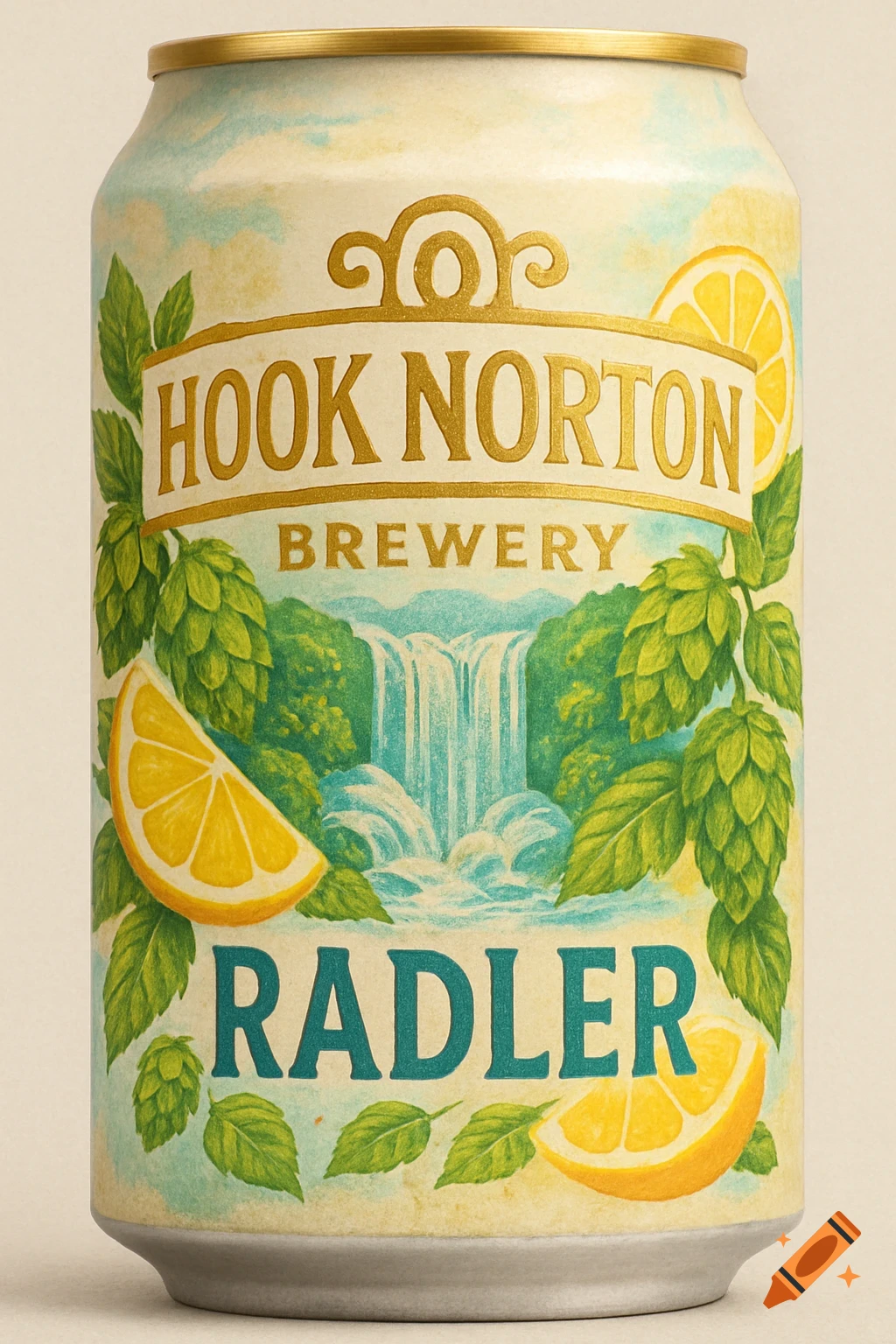 An illustrated beer can label for Hook Norton Brewery Radler, featuring a waterfall, green hops, and lemon slices on a light background.