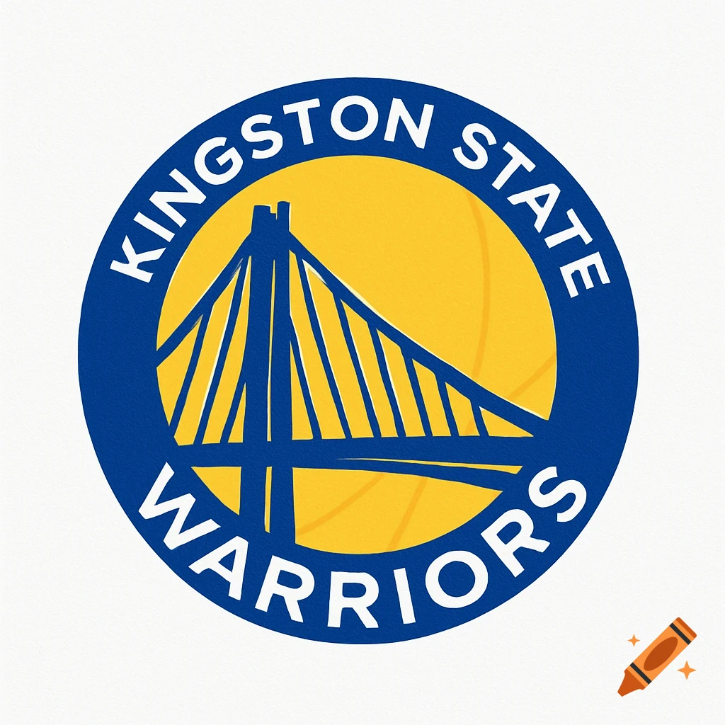 A round blue and yellow logo featuring a stylized bridge in the center, with the words 'Kingston State Warriors' in white text around the edge.