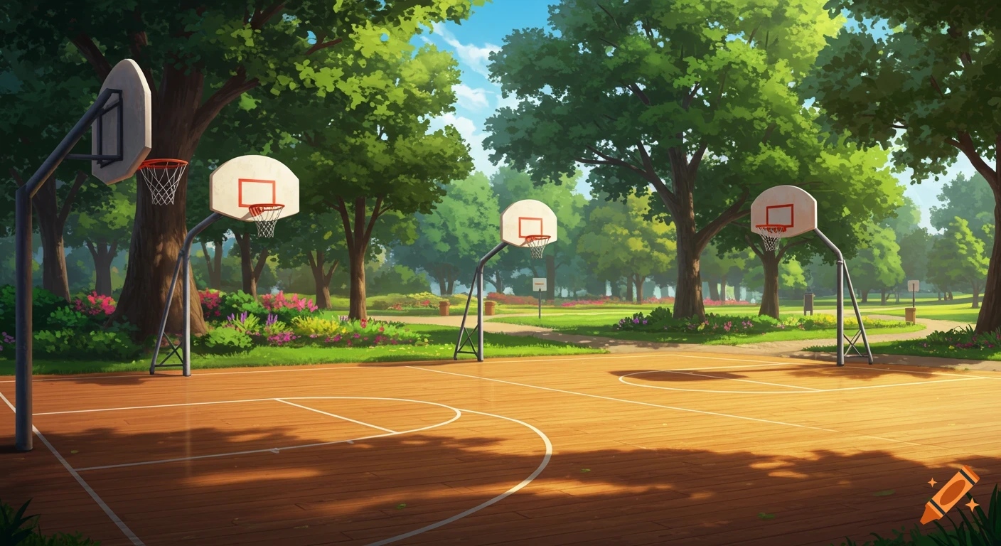 A cartoon-style depiction of a basketball court with multiple hoops, surrounded by lush green trees and flowering bushes in a park setting under a bright blue sky.