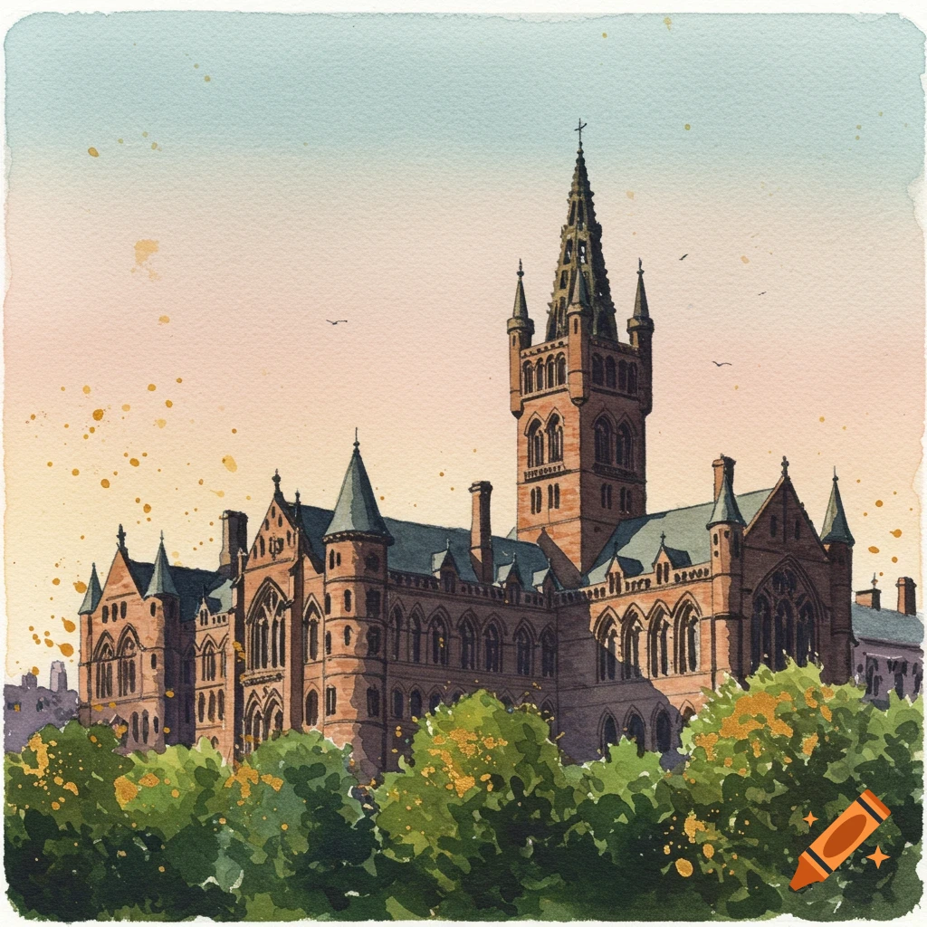 A watercolor painting of the University of Glasgow, a historic red-brick building with a tall spire, seen through green trees.